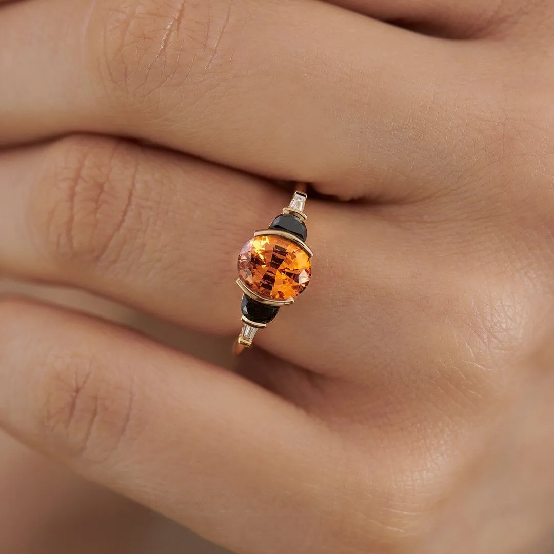 Oval Cut Orange Sapphire 925 Sterling Silver Yellow Gold 3-Stone Engagement Ring
