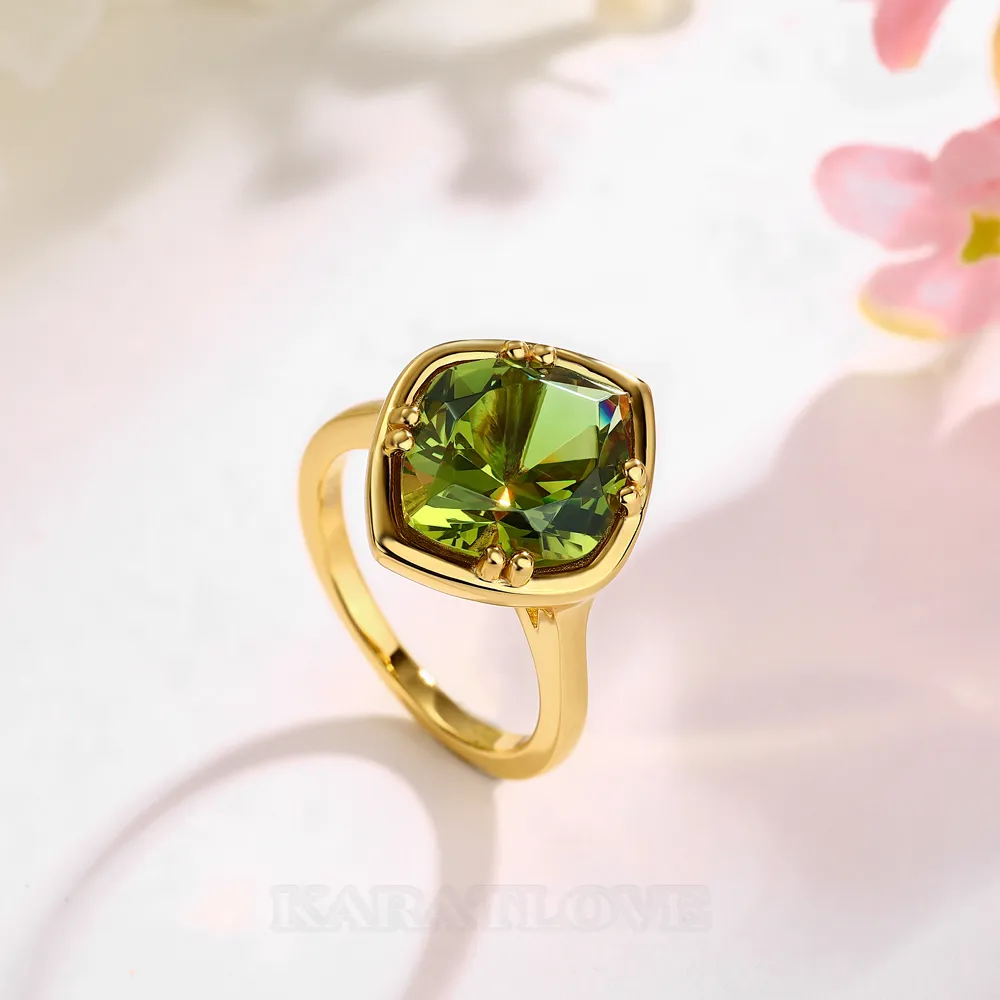 Geo Cut Peridot Green 925 Sterling Silver Yellow Gold Solitaire Engagement Ring Geo Cut Peridot Green 925 Sterling Silver Yellow Gold Solitaire Engagement Ring