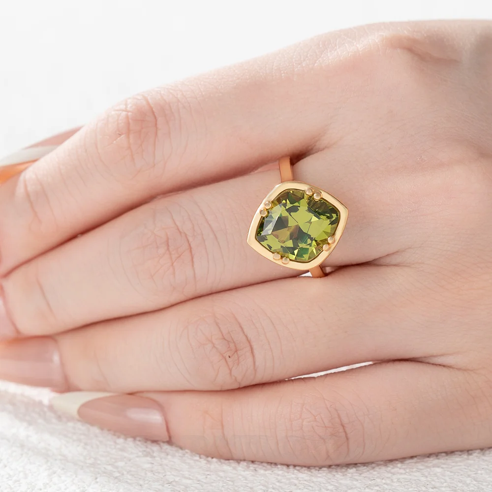 Geo Cut Peridot Green 925 Sterling Silver Yellow Gold Solitaire Engagement Ring