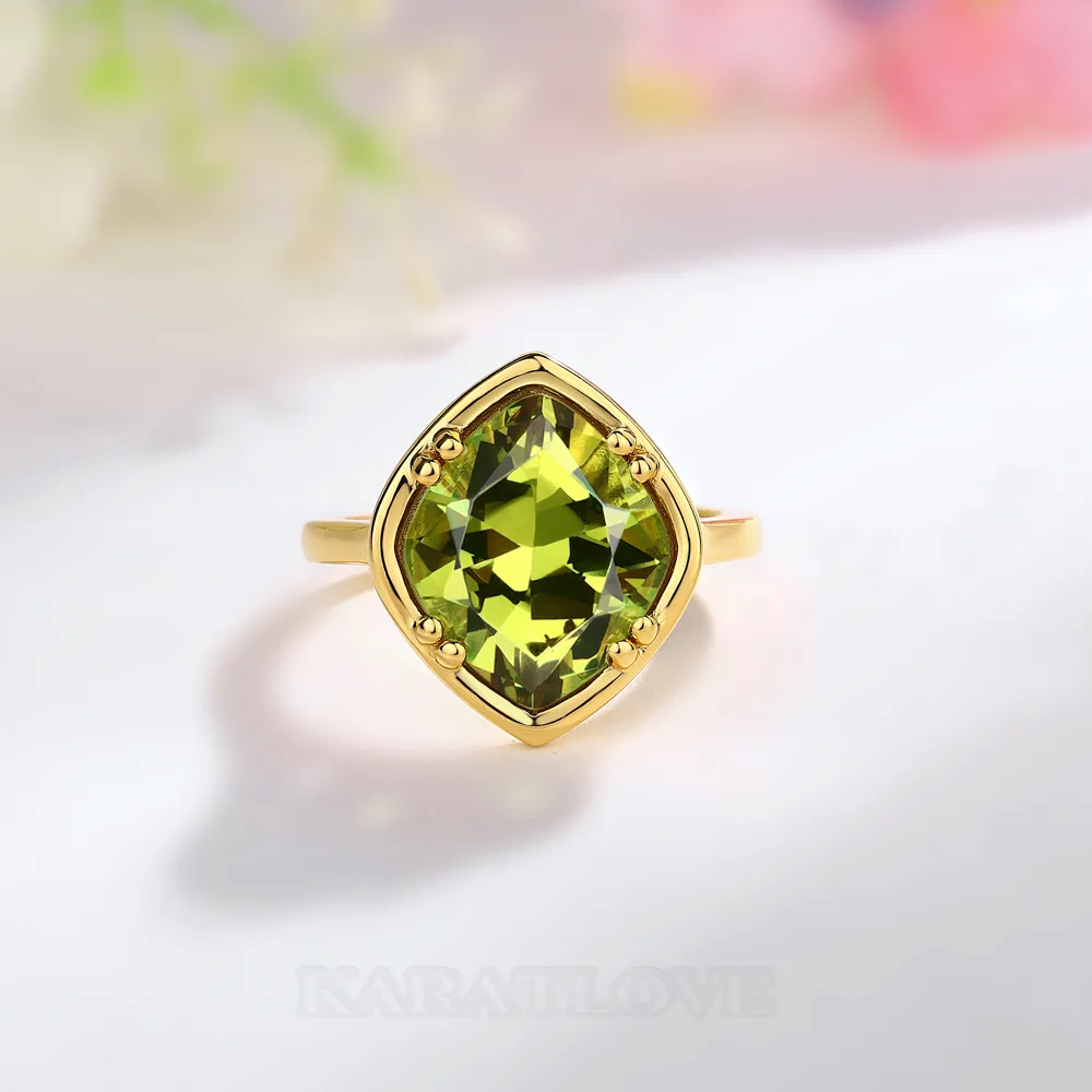 Geo Cut Peridot Green 925 Sterling Silver Yellow Gold Solitaire Engagement Ring