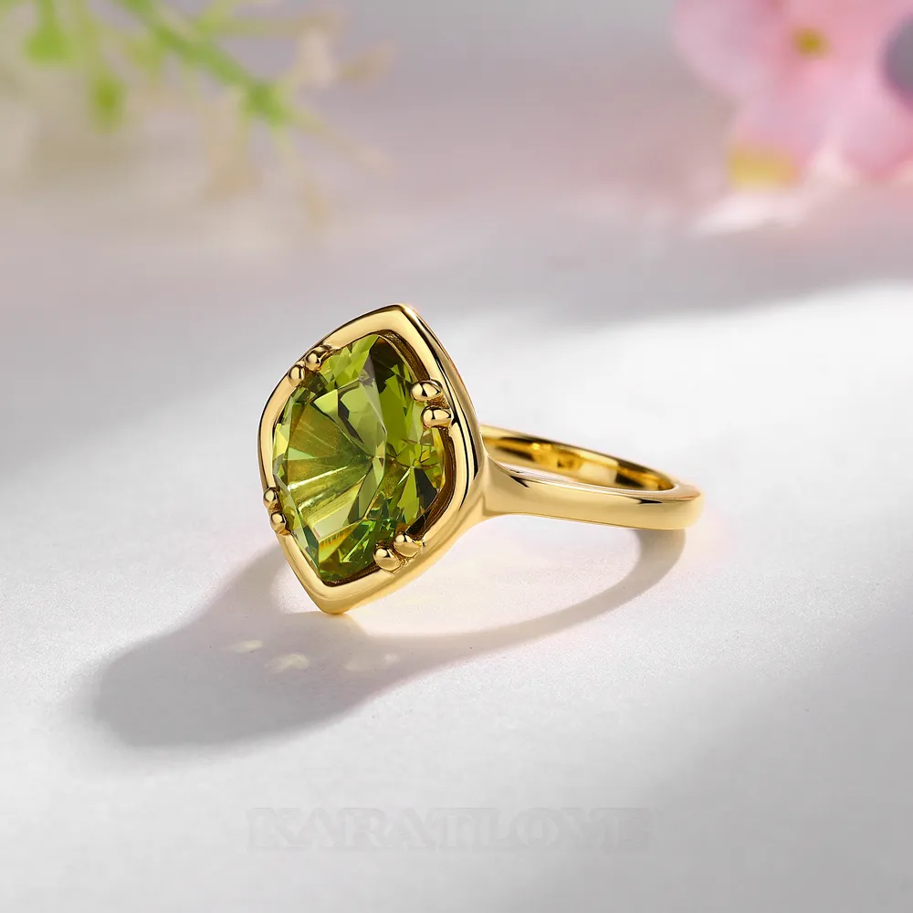 Geo Cut Peridot Green 925 Sterling Silver Yellow Gold Solitaire Engagement Ring