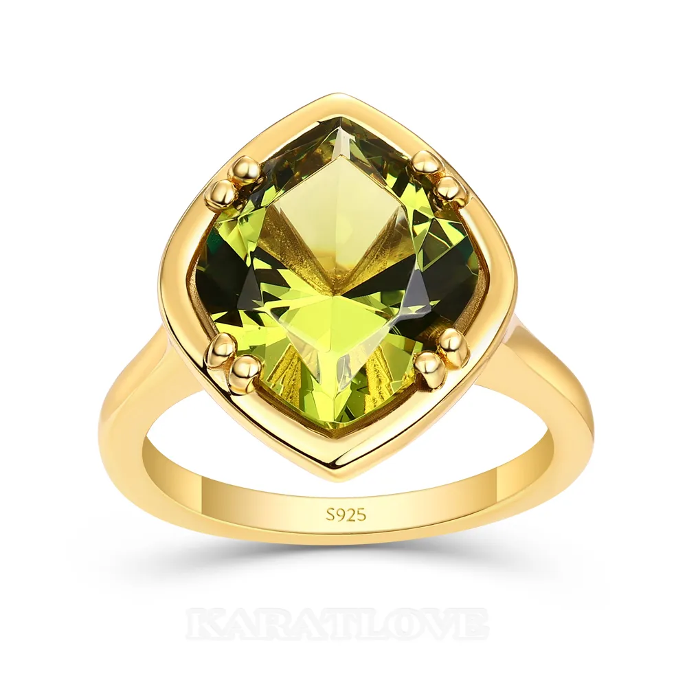 Geo Cut Peridot Green 925 Sterling Silver Yellow Gold Solitaire Engagement Ring