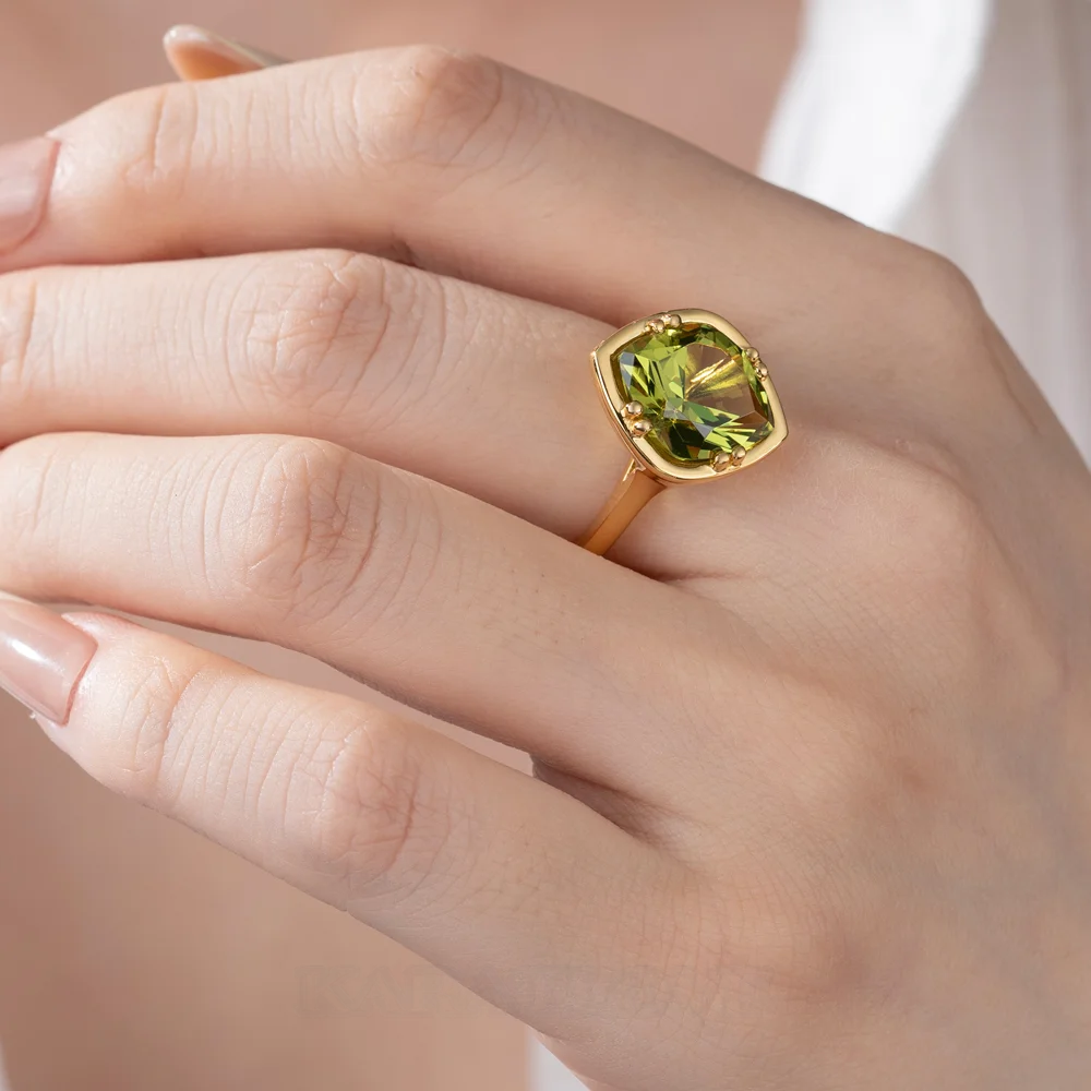 Geo Cut Peridot Green 925 Sterling Silver Yellow Gold Solitaire Engagement Ring