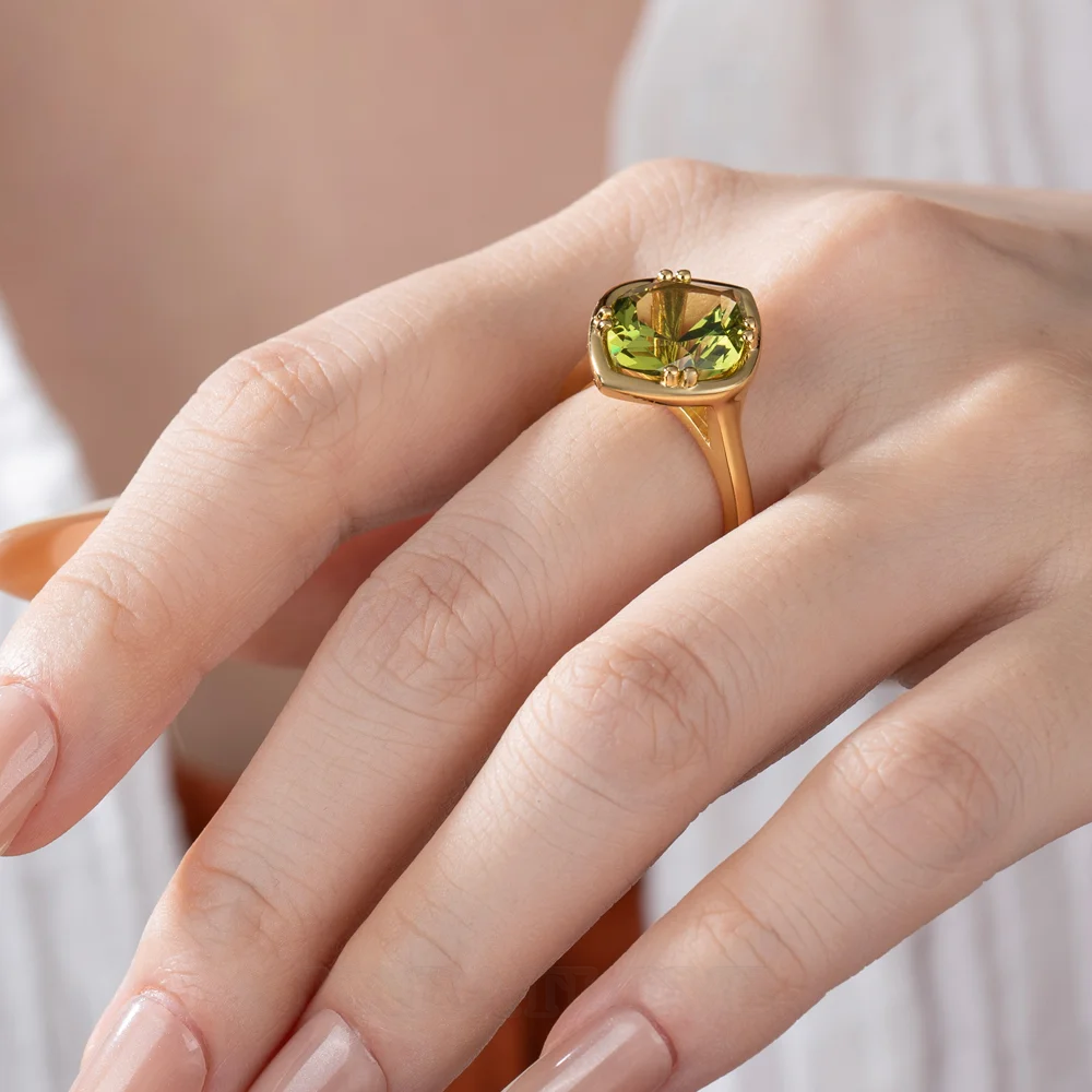 Geo Cut Peridot Green 925 Sterling Silver Yellow Gold Solitaire Engagement Ring