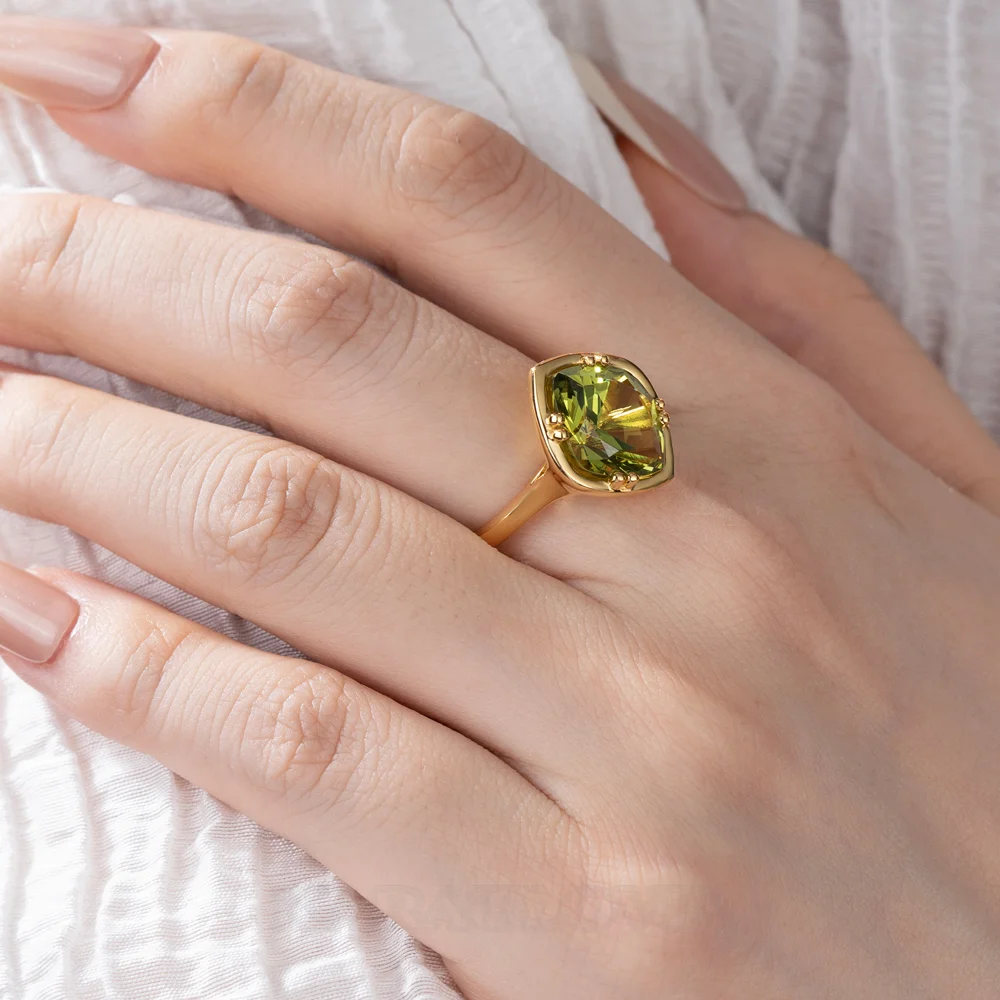 Geo Cut Peridot Green 925 Sterling Silver Yellow Gold Solitaire Engagement Ring