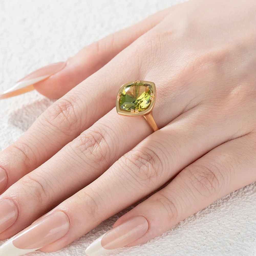Geo Cut Peridot Green 925 Sterling Silver Yellow Gold Solitaire Engagement Ring