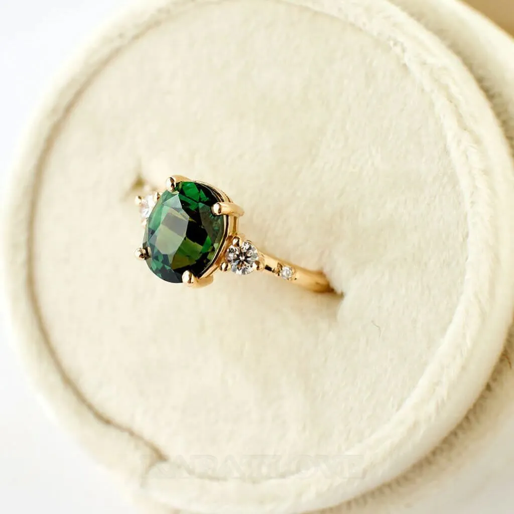 Oval Cut Emerald Green 925 Sterling Silver Yellow Gold 3-Stone Engagement Ring