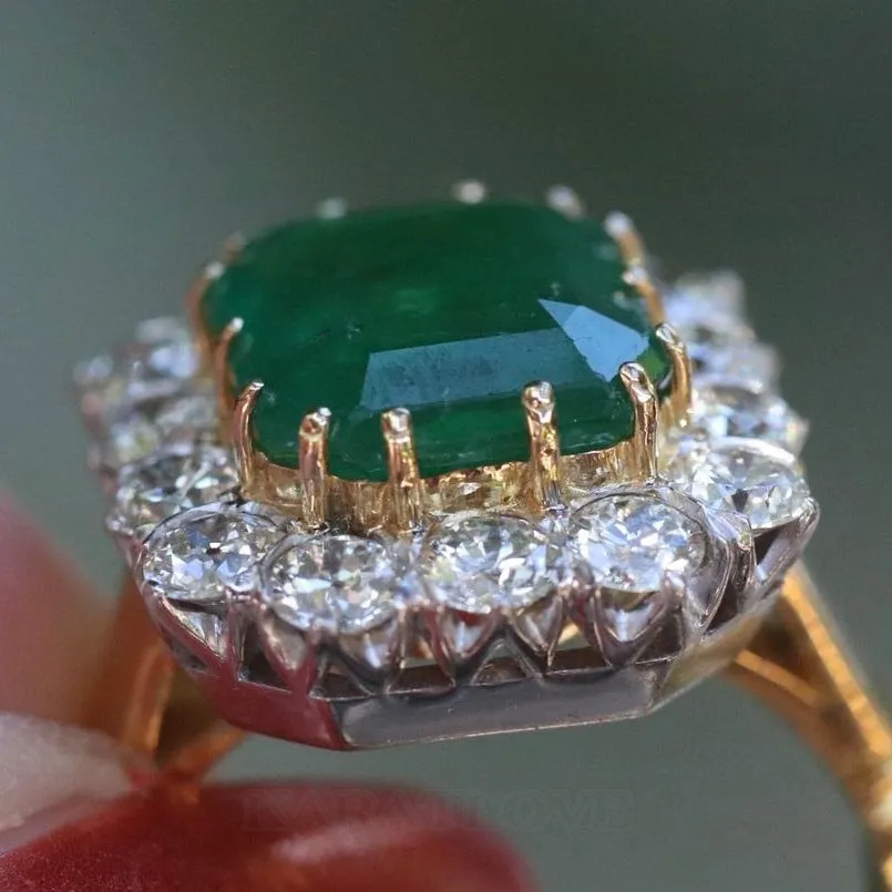 Radiant Cut Emerald Green 925 Sterling Silver Yellow Gold Halo Engagement Ring