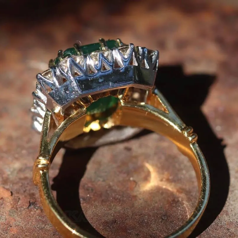 Radiant Cut Emerald Green 925 Sterling Silver Yellow Gold Halo Engagement Ring