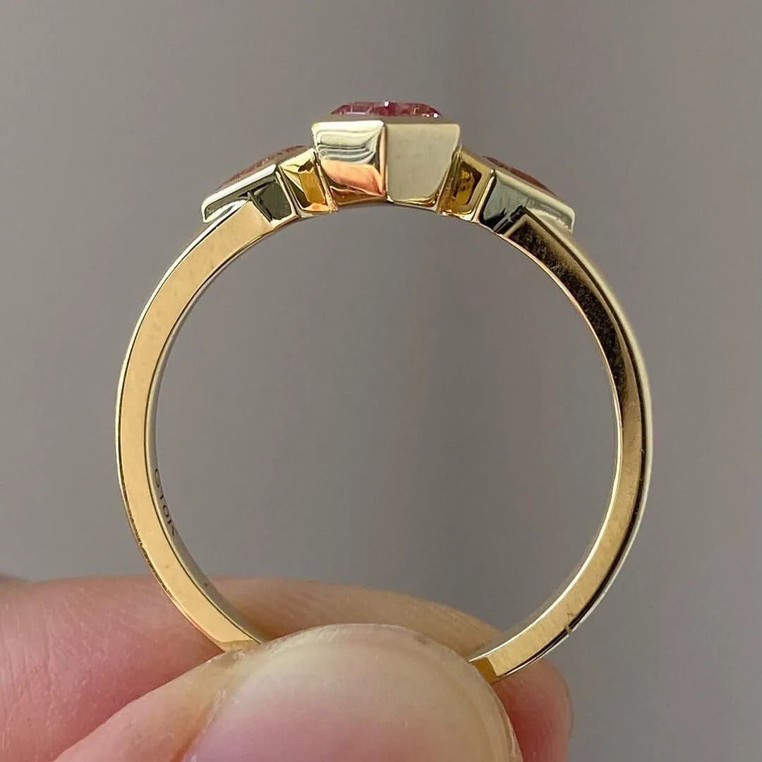 Geometric Cut Fancy Pink 925 Sterling Silver Yellow Gold 3-Stone Engagement Ring