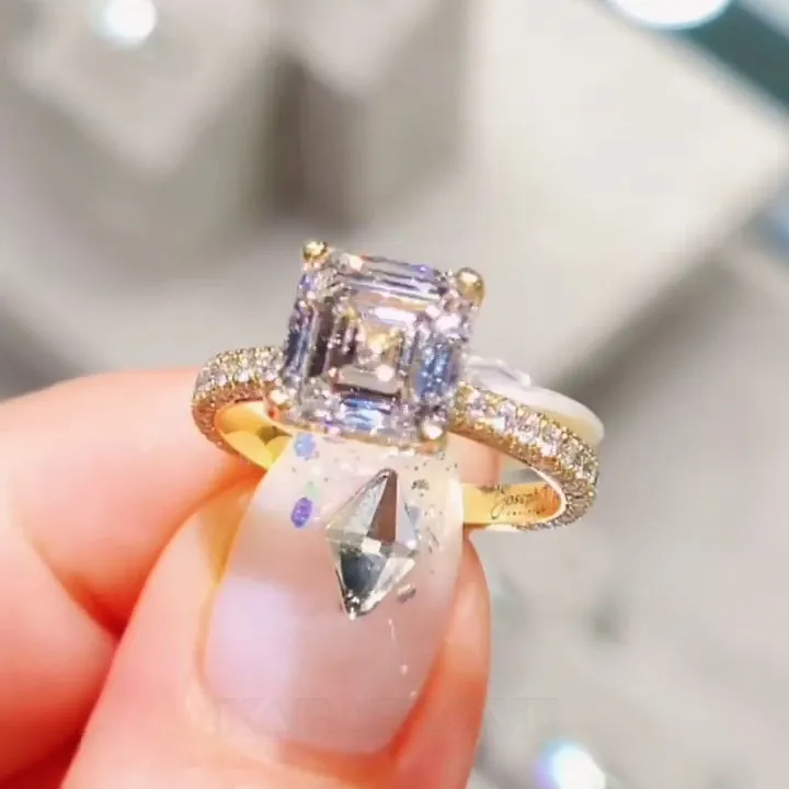 Asscher Cut Diamond White 925 Sterling Silver Yellow Gold Classic Engagement Ring
