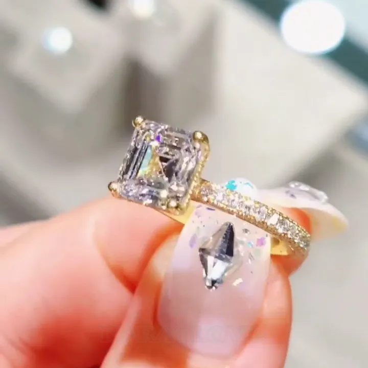 Asscher Cut Diamond White 925 Sterling Silver Yellow Gold Classic Engagement Ring