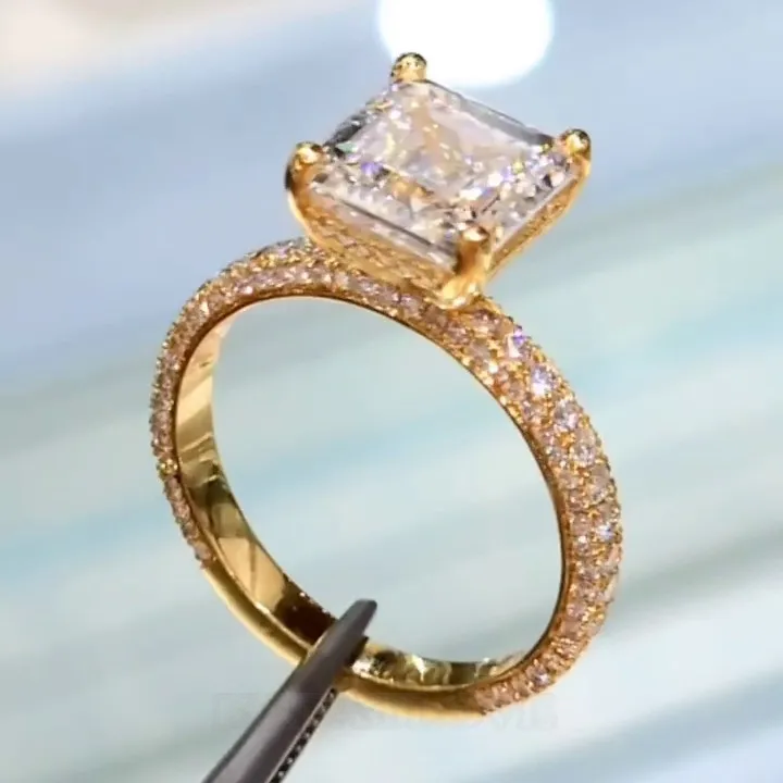 Asscher Cut Diamond White 925 Sterling Silver Yellow Gold Classic Engagement Ring