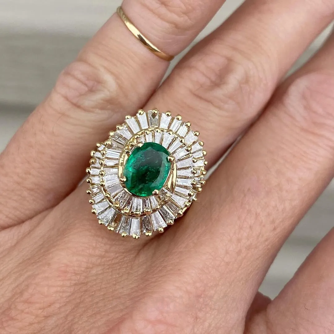 Oval Cut Emerald Green 925 Sterling Silver Yellow Gold Halo Art Deco Engagement Ring