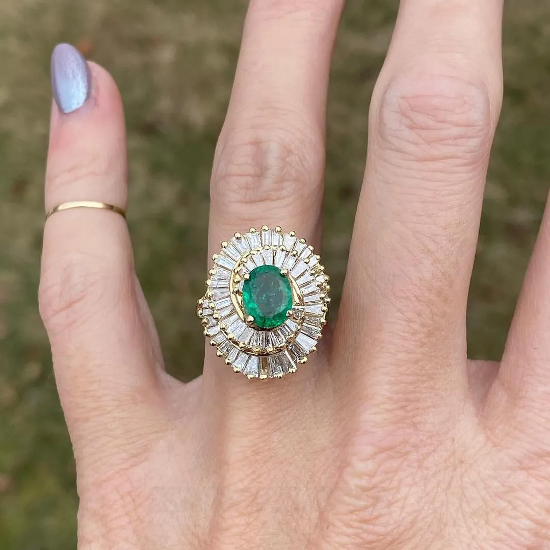 Oval Cut Emerald Green 925 Sterling Silver Yellow Gold Halo Art Deco Engagement Ring