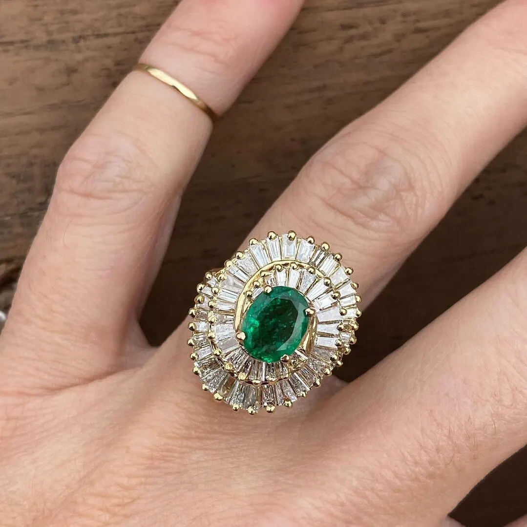 Oval Cut Emerald Green 925 Sterling Silver Yellow Gold Halo Art Deco Engagement Ring