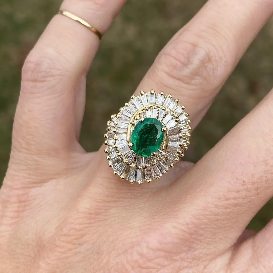 Oval Cut Emerald Green 925 Sterling Silver Yellow Gold Halo Art Deco Engagement Ring