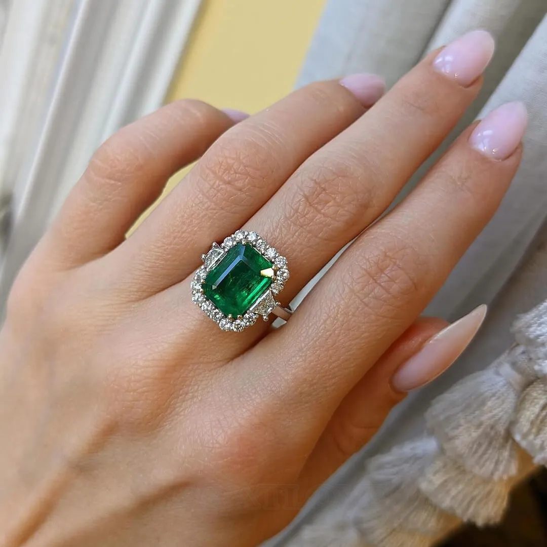 Emerald Cut Emerald Green 925 Sterling Silver Halo Engagement Ring