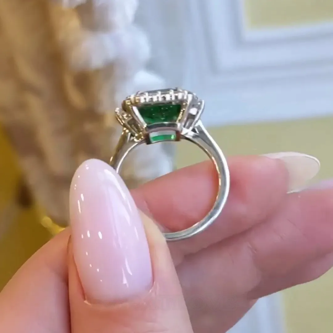 Emerald Cut Emerald Green 925 Sterling Silver Halo Engagement Ring