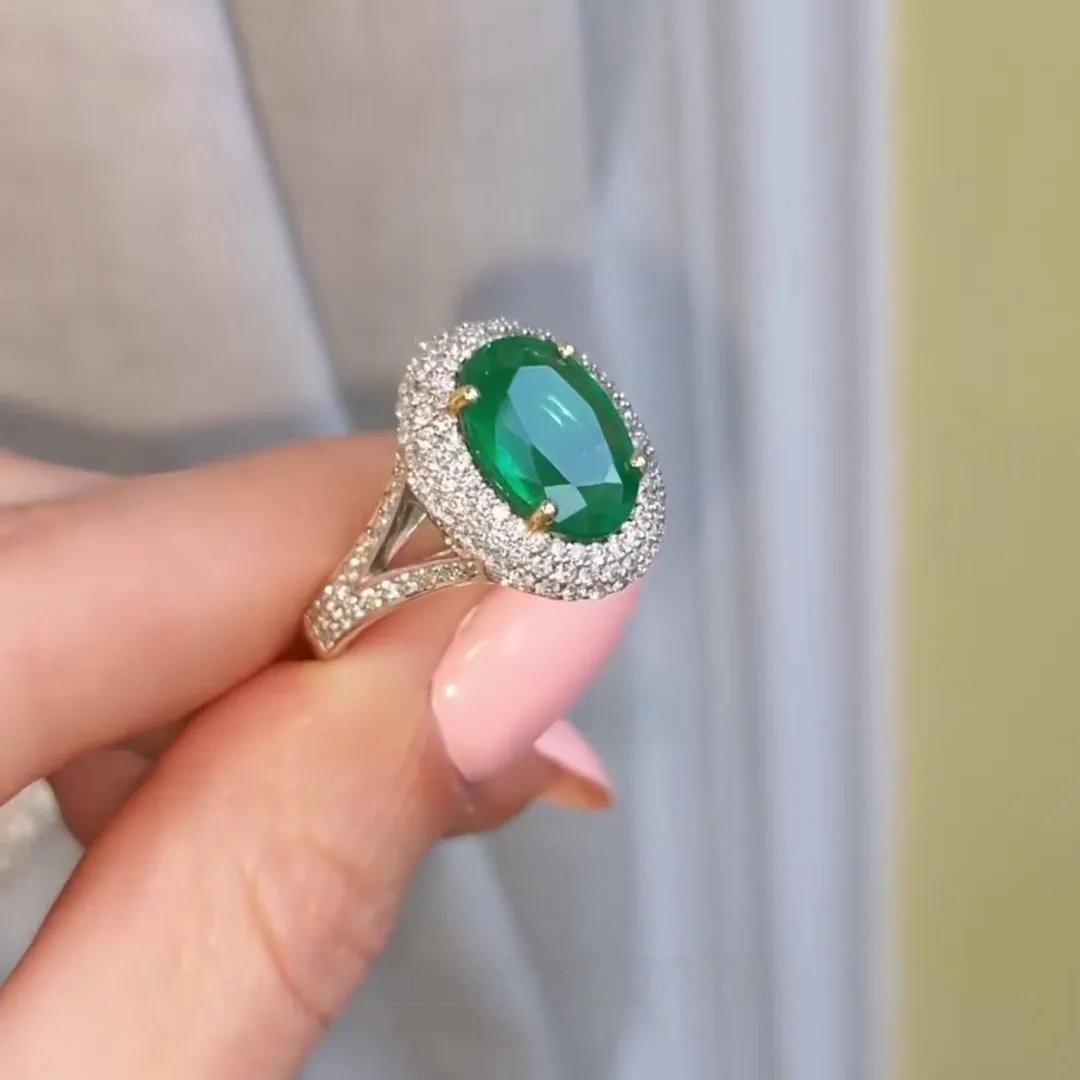 Oval Cut Emerald Green 925 Sterling Silver Halo Engagement Ring