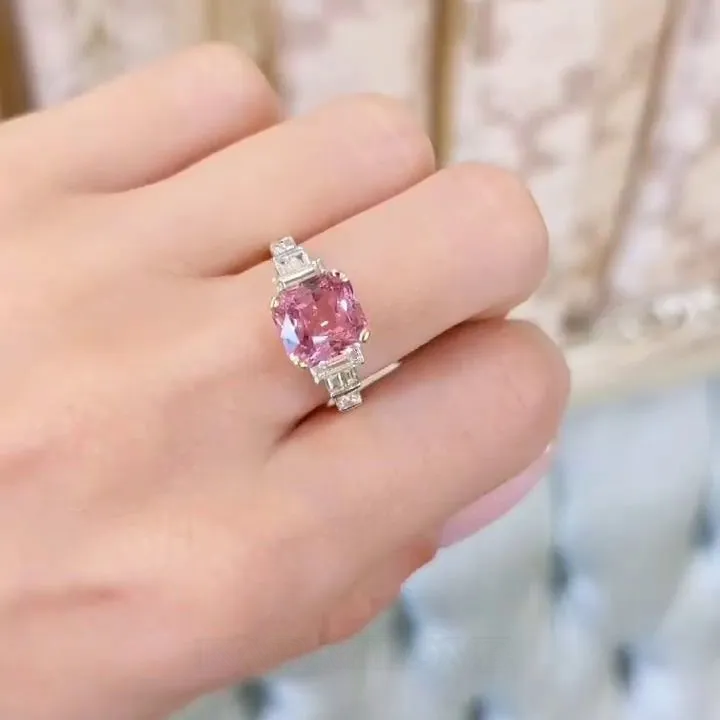 Princess Cut Fancy Pink 925 Sterling Silver Yellow Gold 3-Stone Engagement Ring