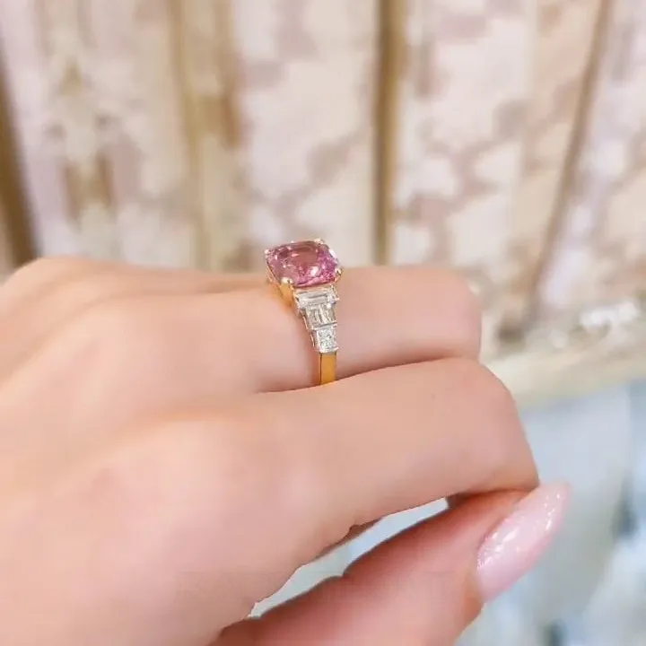 Princess Cut Fancy Pink 925 Sterling Silver Yellow Gold 3-Stone Engagement Ring