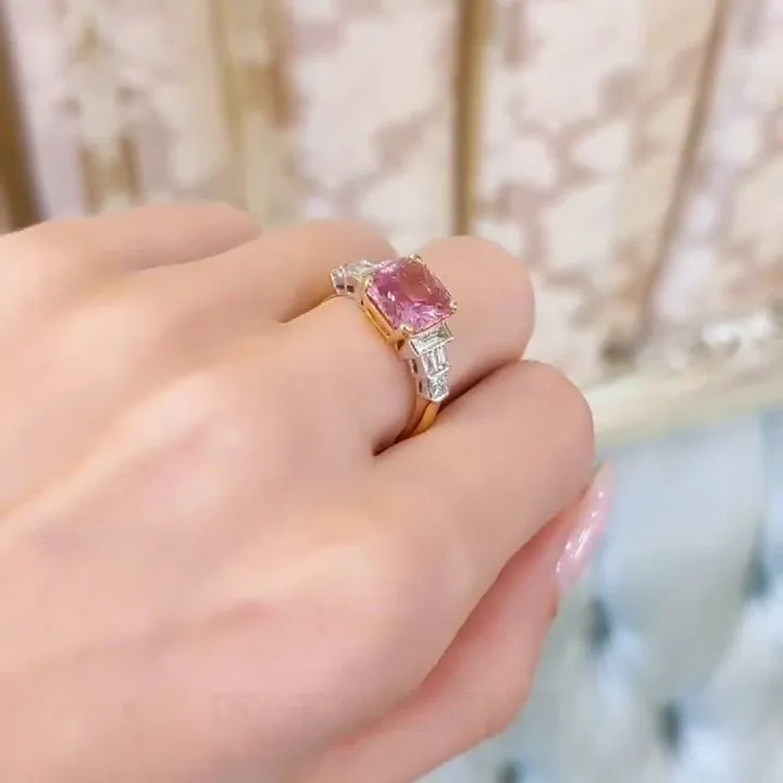 Princess Cut Fancy Pink 925 Sterling Silver Yellow Gold 3-Stone Engagement Ring