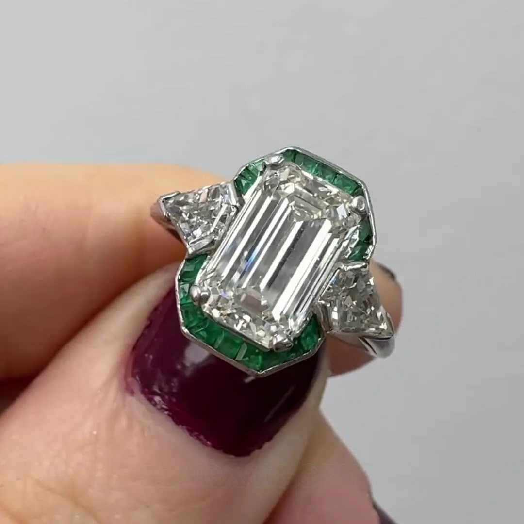 Emerald Diamond White Sterling Silver Halo 3-Stone Engagement Ring Emerald Diamond White Sterling Silver Halo 3-Stone Engagement Ring