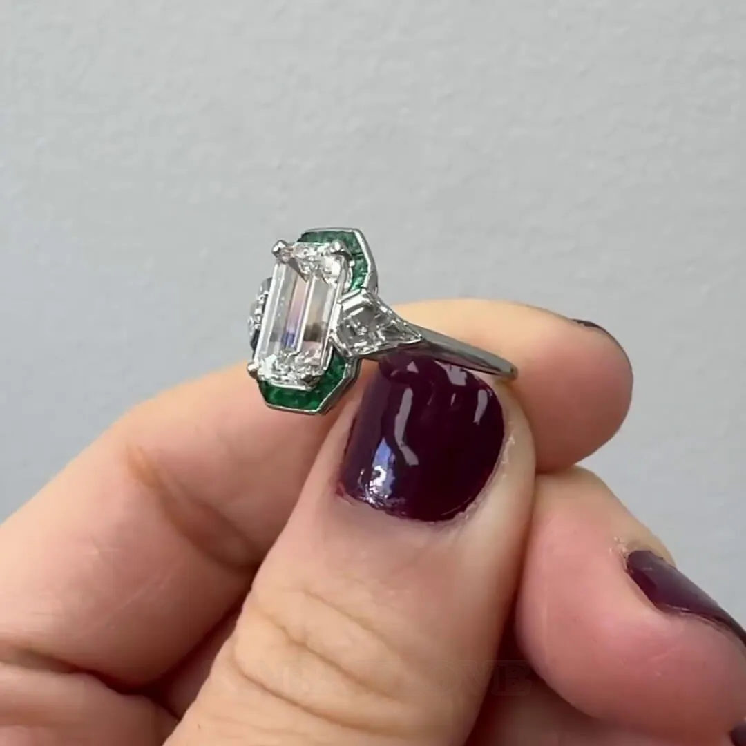 Emerald Diamond White Sterling Silver Halo 3-Stone Engagement Ring