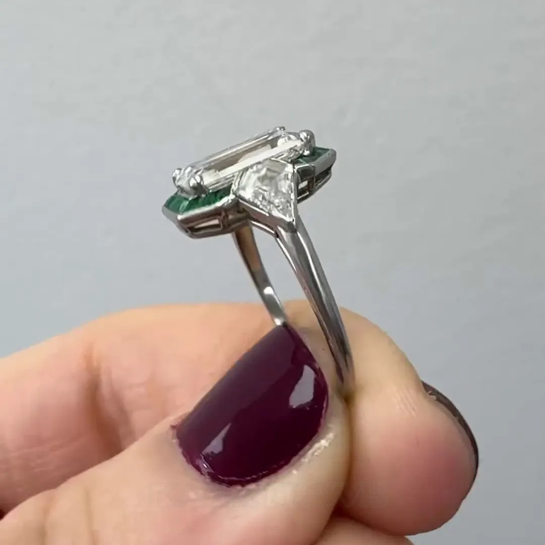 Emerald Diamond White Sterling Silver Halo 3-Stone Engagement Ring