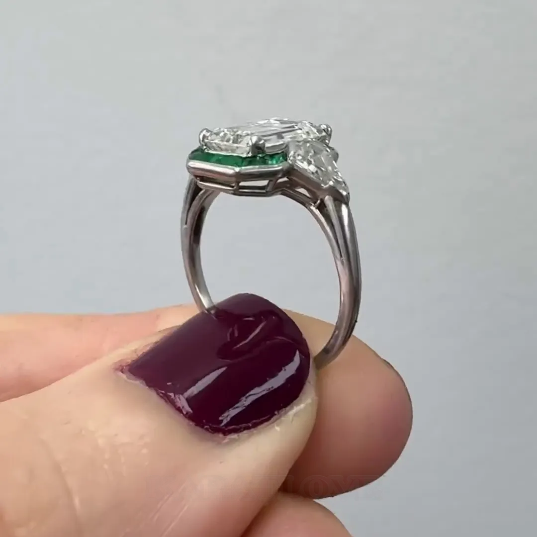 Emerald Diamond White Sterling Silver Halo 3-Stone Engagement Ring