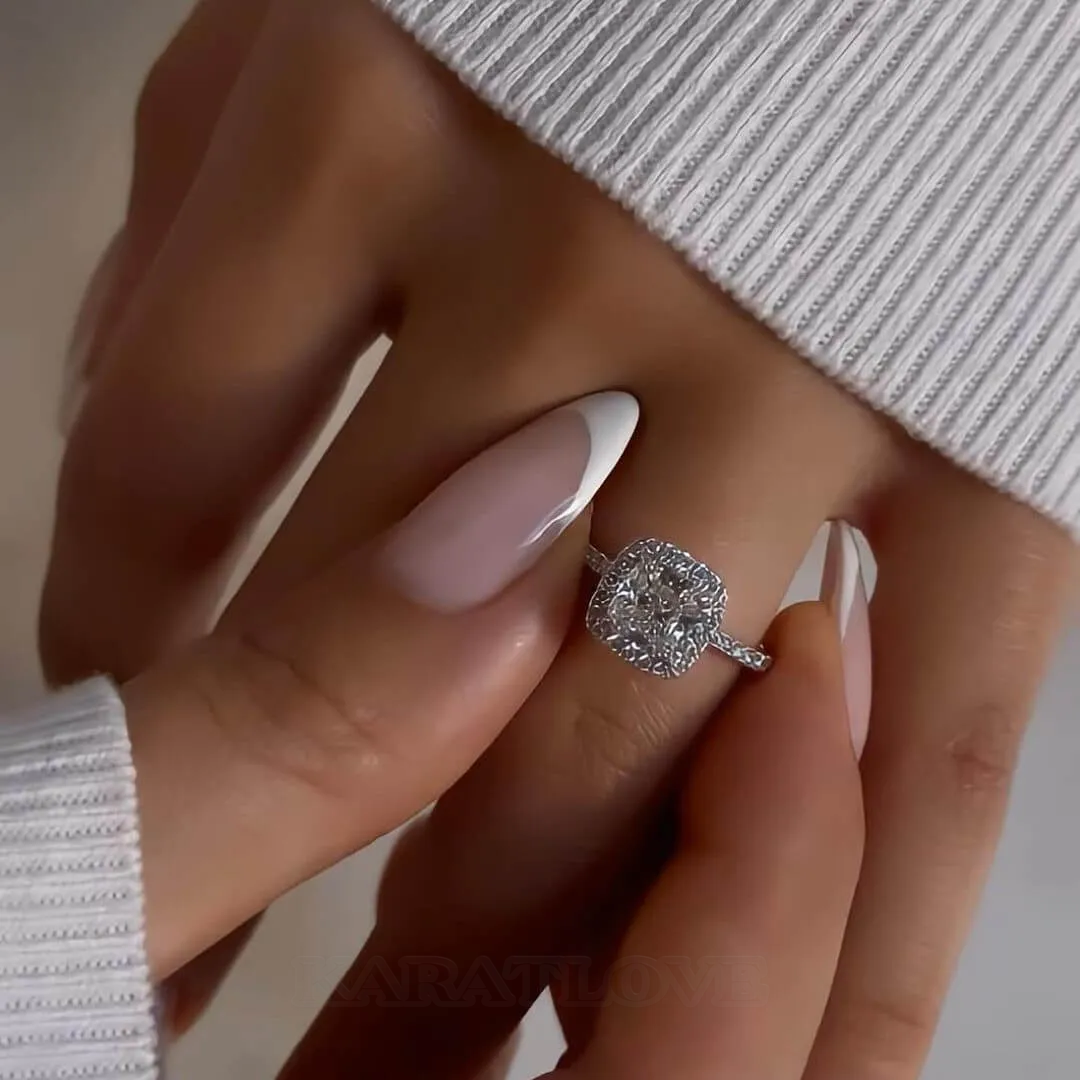 Cushion Diamond White Sterling Silver Halo Engagement Ring