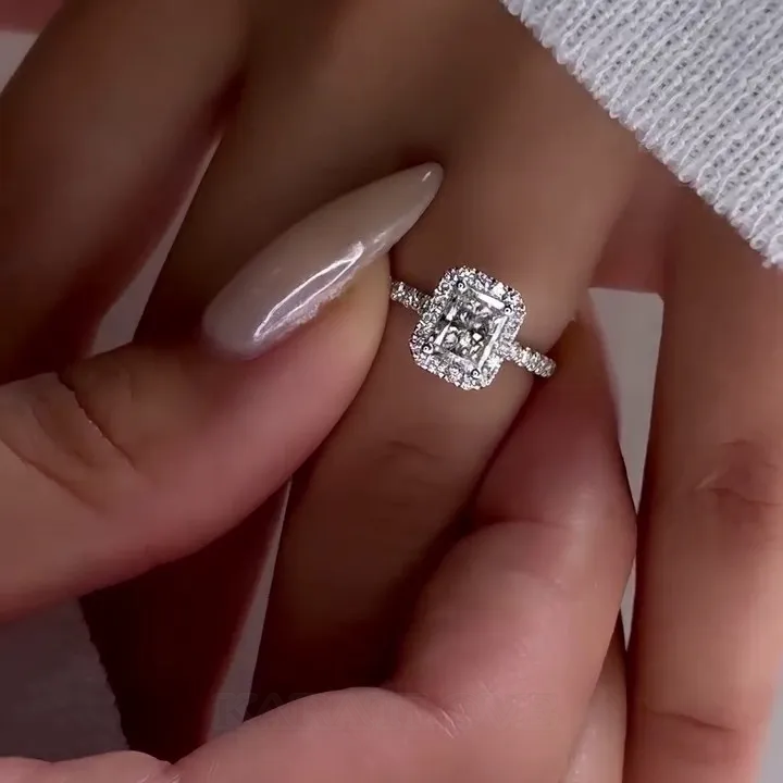 Radiant Diamond White Sterling Silver Halo Engagement Ring
