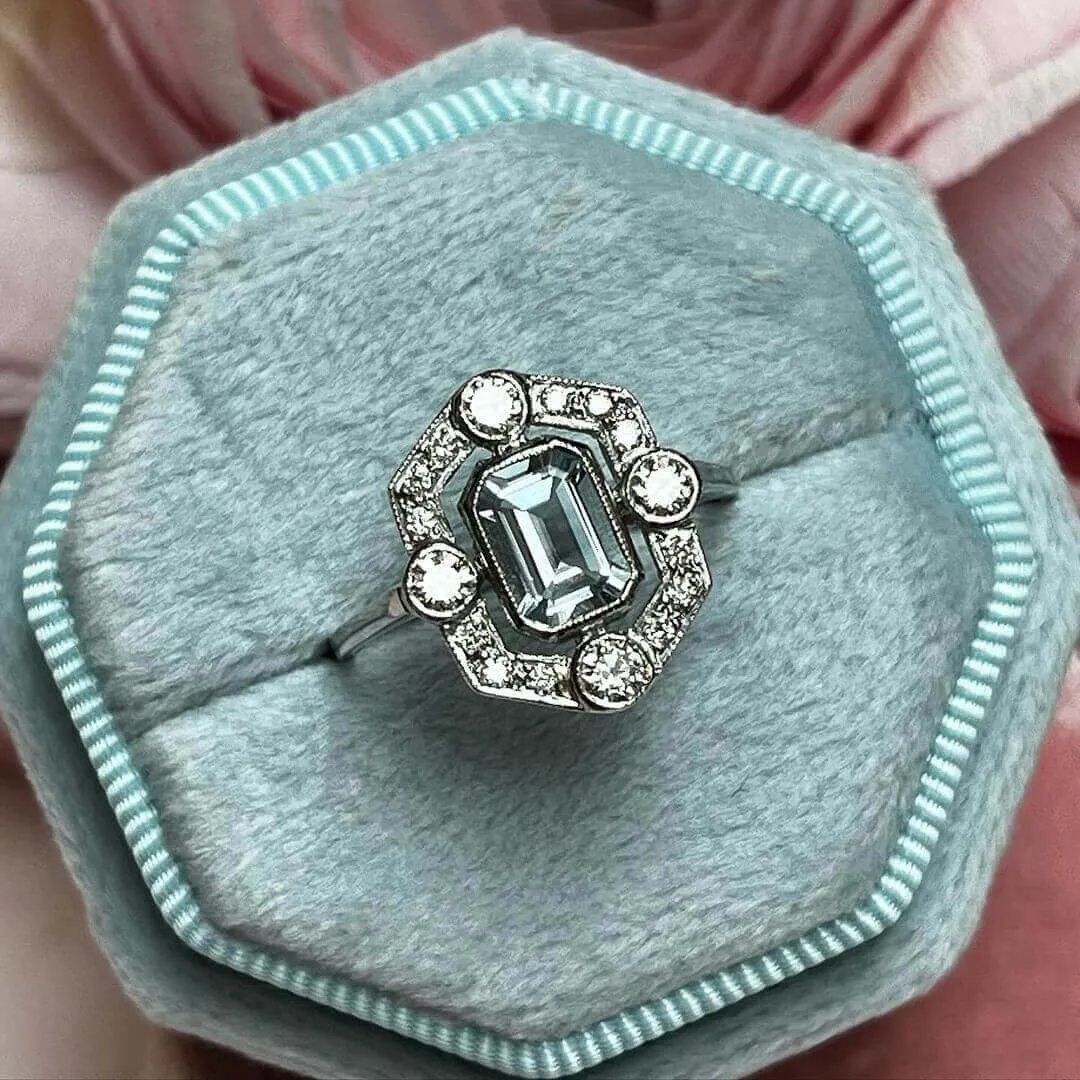 Emerald Cut Aquamarine Sterling Silver Halo Engagement Ring Emerald Cut Aquamarine Sterling Silver Halo Engagement Ring