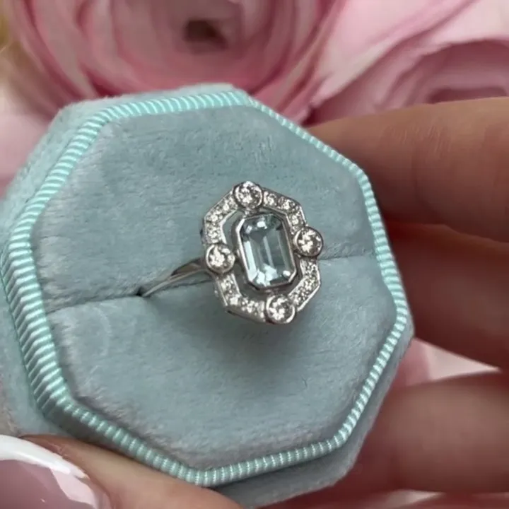 Emerald Cut Aquamarine Sterling Silver Halo Engagement Ring
