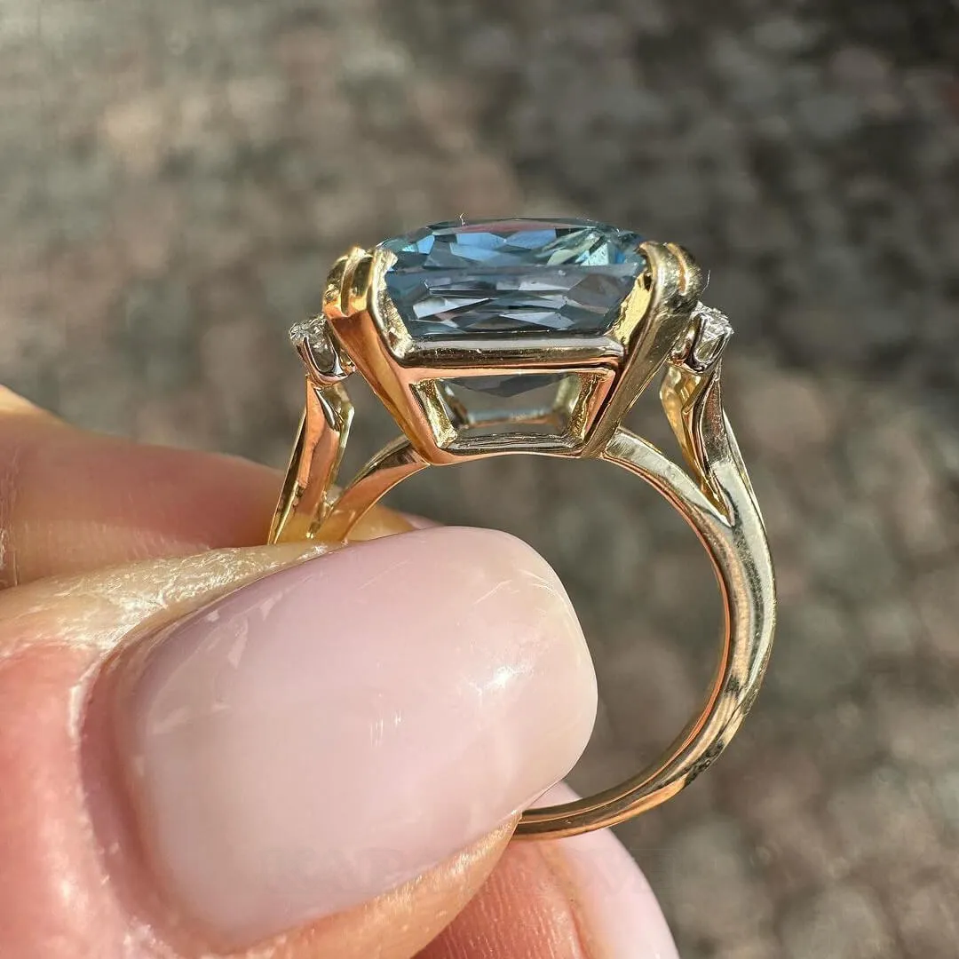 Cushion Cut Aquamarine Sterling Silver Yellow Gold Halo Engagement Ring