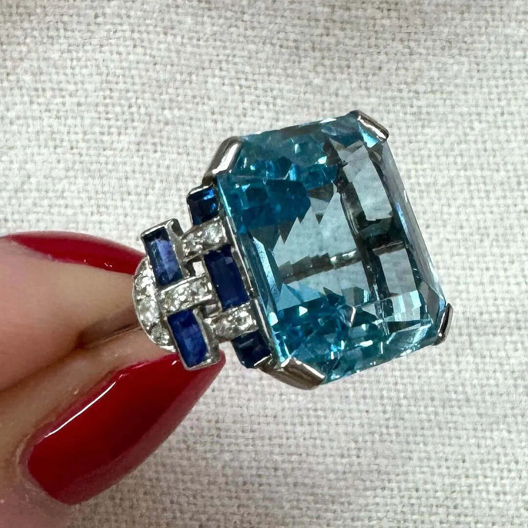 Asscher Cut Aquamarine Sterling Silver Art Deco Engagement Ring