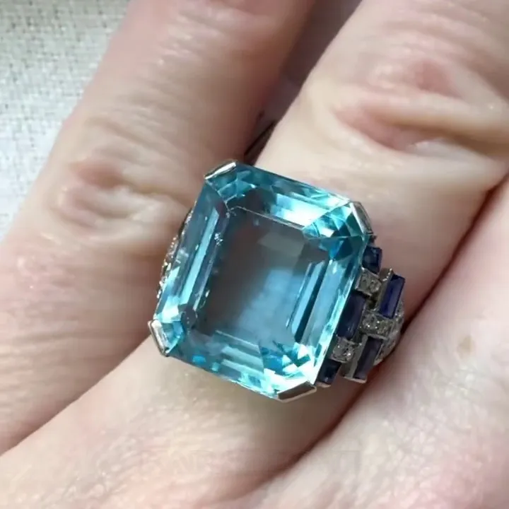 Asscher Cut Aquamarine Sterling Silver Art Deco Engagement Ring