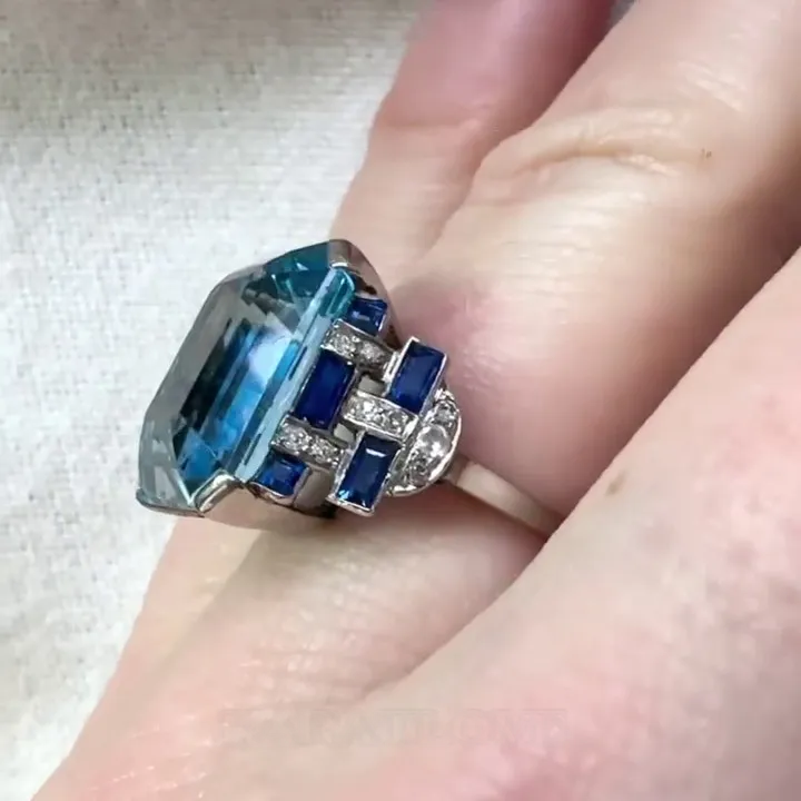 Asscher Cut Aquamarine Sterling Silver Art Deco Engagement Ring