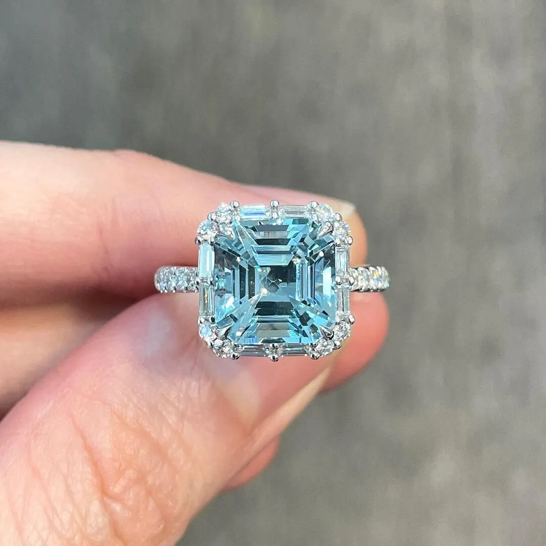 Asscher Cut Aquamarine Sterling Silver Halo Engagement Ring Asscher Cut Aquamarine Sterling Silver Halo Engagement Ring