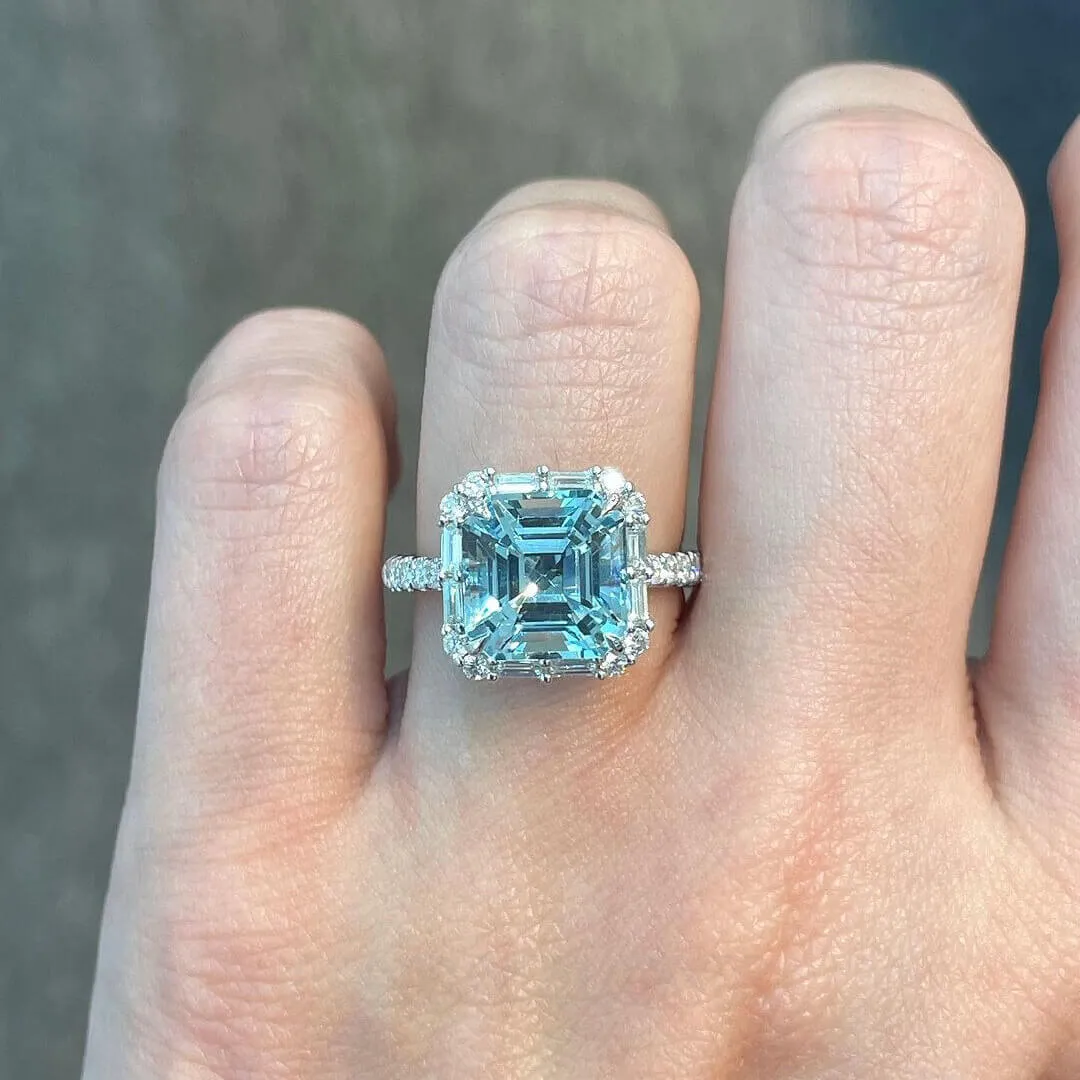 Asscher Cut Aquamarine Sterling Silver Halo Engagement Ring