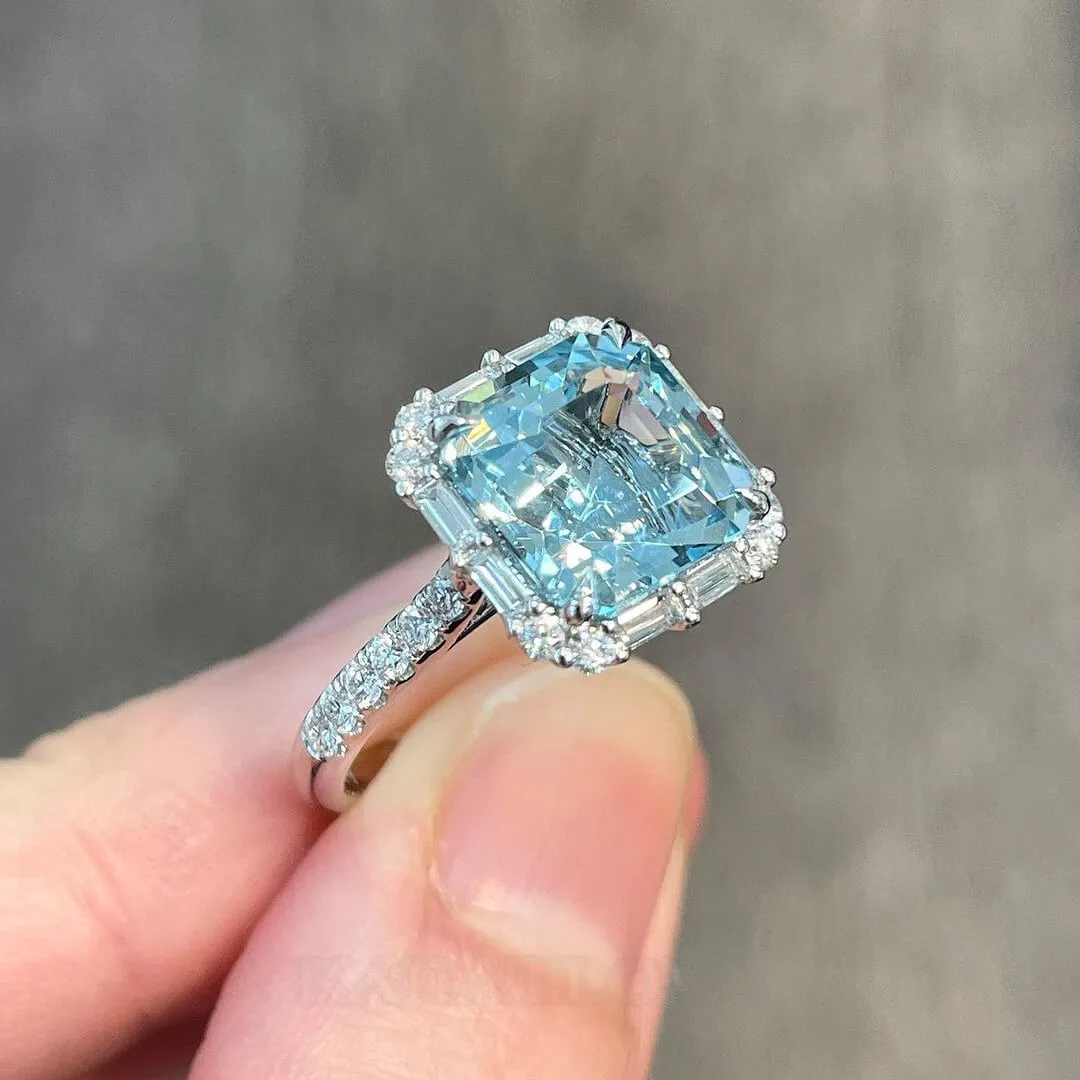 Asscher Cut Aquamarine Sterling Silver Halo Engagement Ring