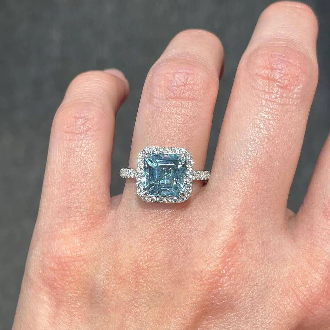 Asscher Cut Aquamarine Sterling Silver Halo Engagement Ring