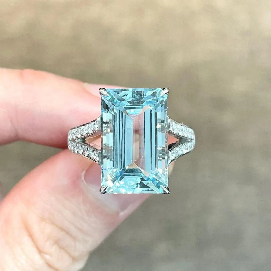 Emerald Cut Aquamarine Sterling Silver Classic Engagement Ring Emerald Cut Aquamarine Sterling Silver Classic Engagement Ring
