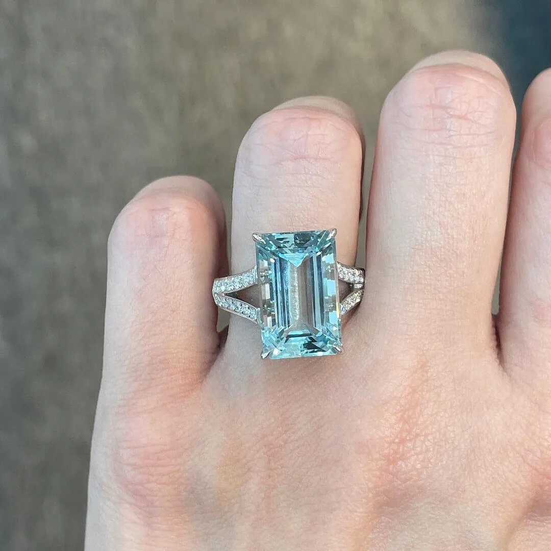 Emerald Cut Aquamarine Sterling Silver Classic Engagement Ring