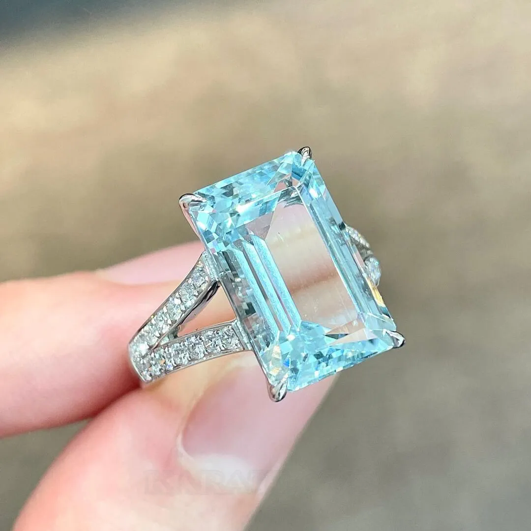 Emerald Cut Aquamarine Sterling Silver Classic Engagement Ring