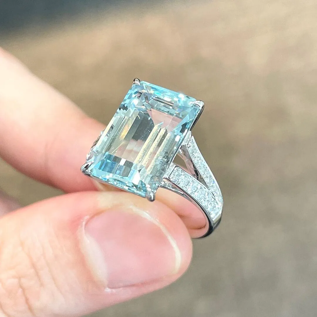 Emerald Cut Aquamarine Sterling Silver Classic Engagement Ring