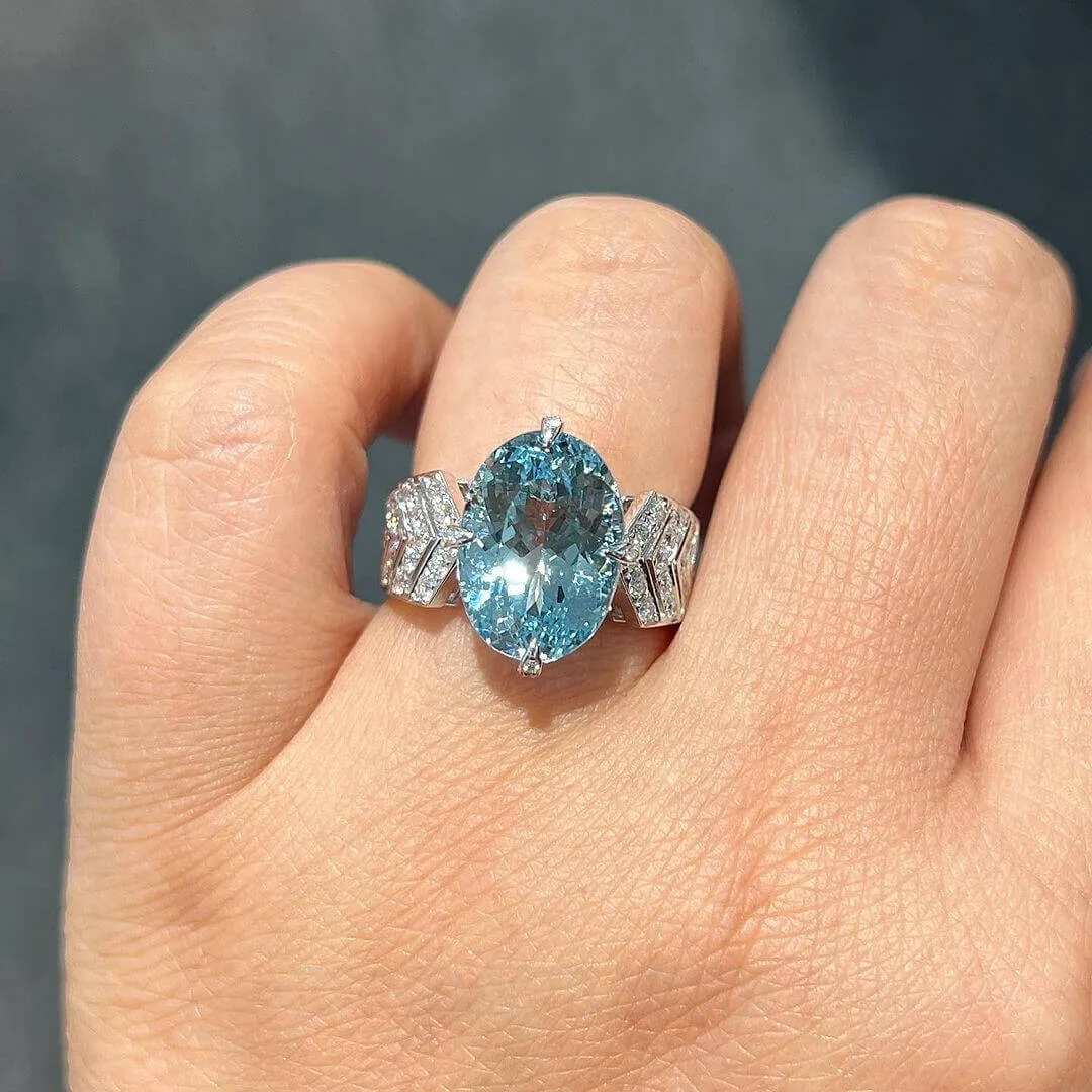 Oval Cut Aquamarine Sterling Silver Art Deco Engagement Ring