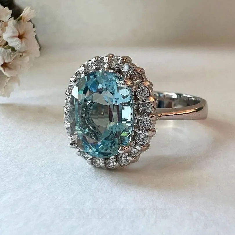 Oval Cut Aquamarine Sterling Silver Halo Engagement Ring Oval Cut Aquamarine Sterling Silver Halo Engagement Ring