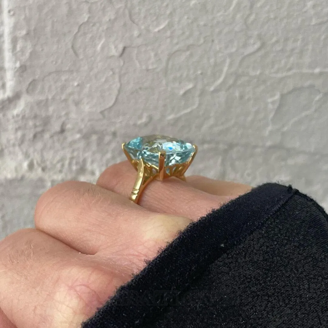 Cushion Cut Aquamarine Sterling Silver Yellow Gold Solitaire Engagement Ring